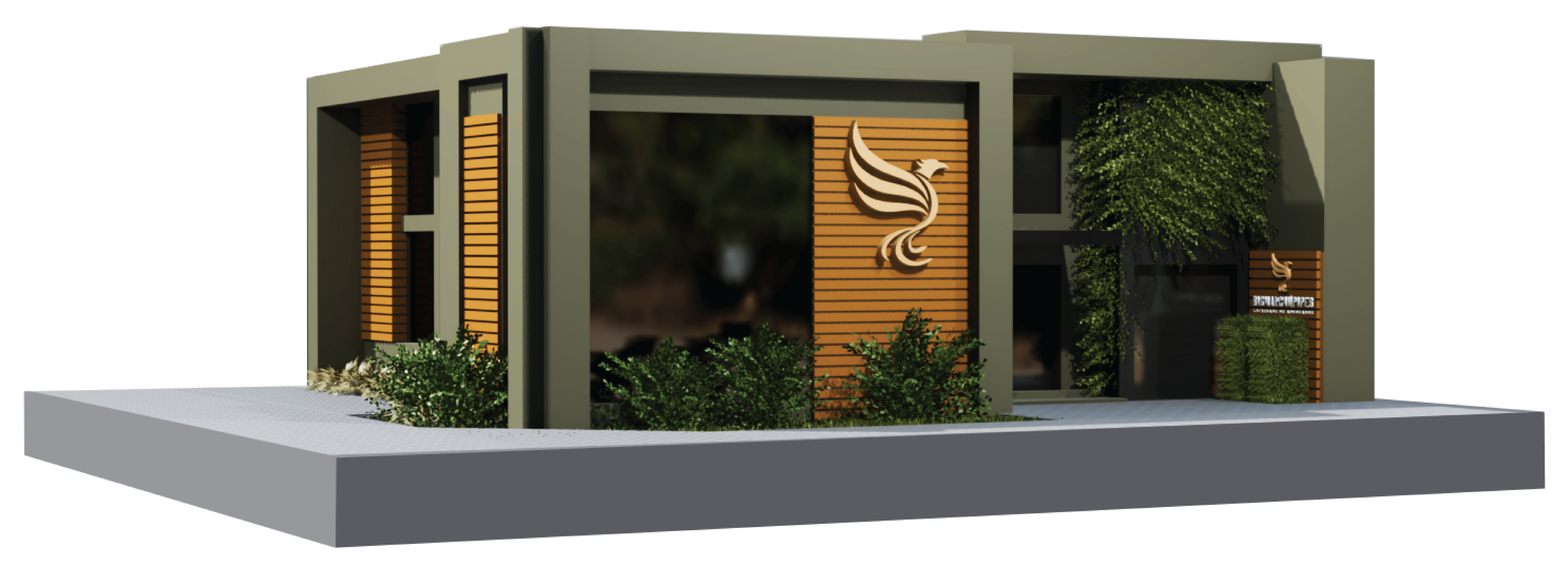 Render 3D do espaço interno do escritório.